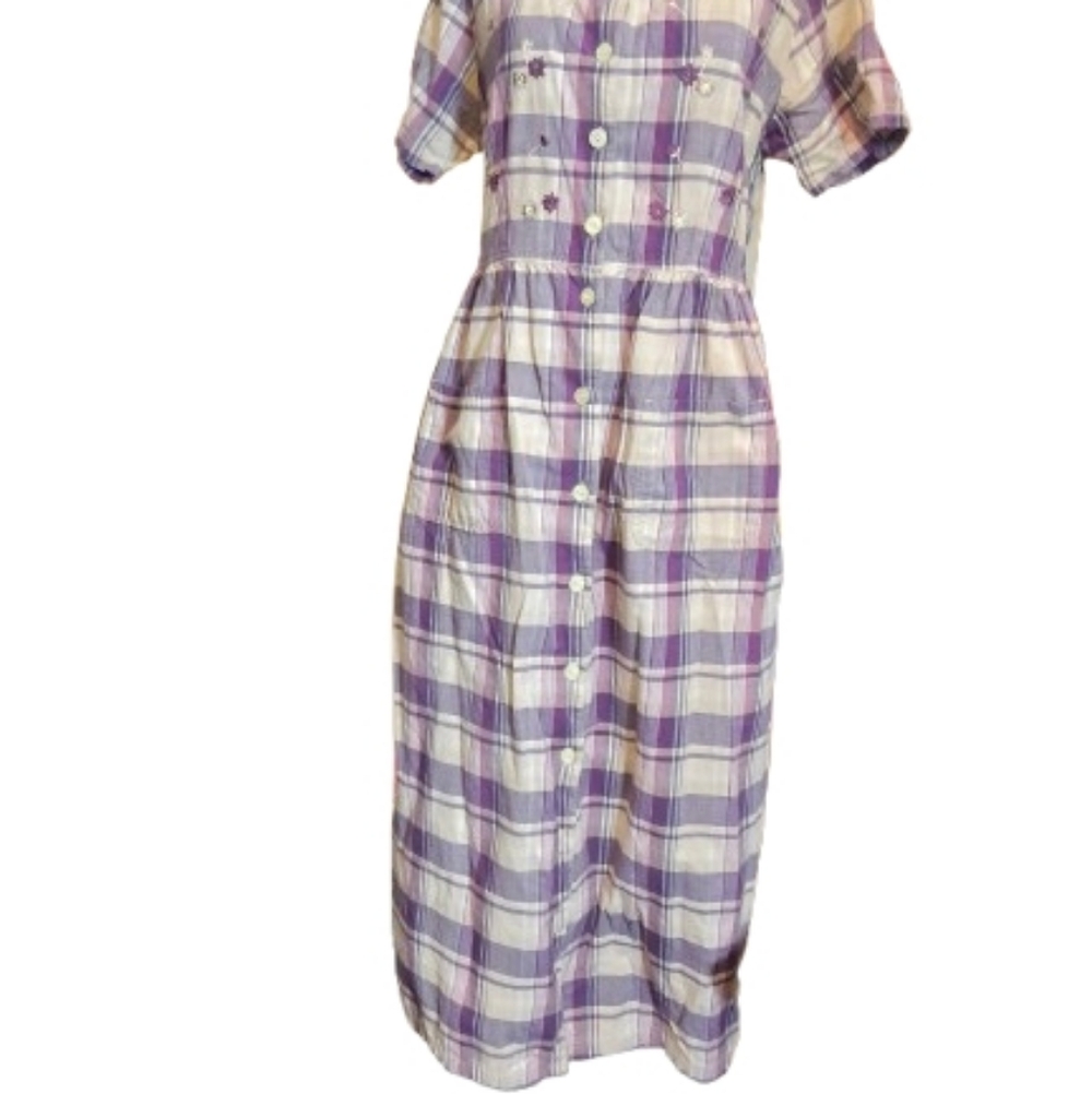 Vintage Y2K Purple Plaid Prairie Dress Cottagecore Button Front Midi Cotton Sz L - Picture 5 of 9